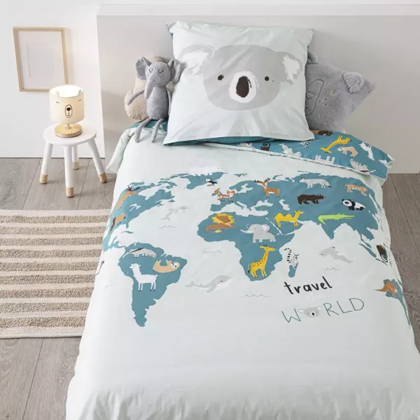 Funda nórdica y una funda de almohadón algodón (140 cm) Mapa del Mundo Azul