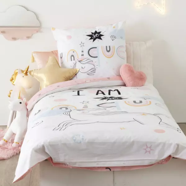 Funda nórdica y una funda para almohadón algodón (140 cm) Unicornio Rosa