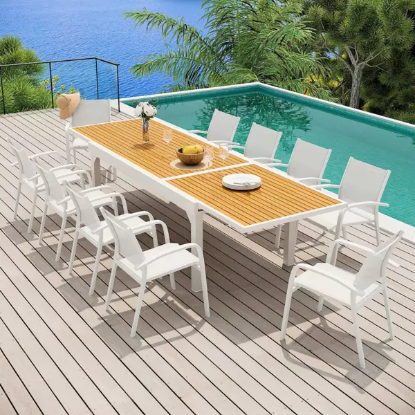 Mesa de jardín extensible 12 personas Aluminio efecto madera Murano (320 x 100 cm) - Blanca