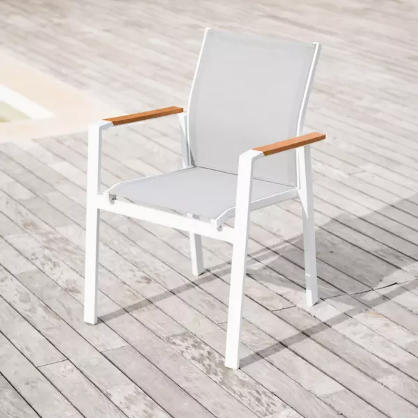 Fauteuil de jardin aluminium et bois teck empilable Bali Blanc