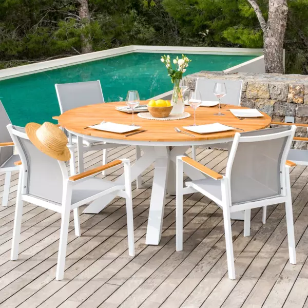 Mesa de jardín redonda 8 plazas Aluminio/Teck (D140 cm) Bali - Blanco