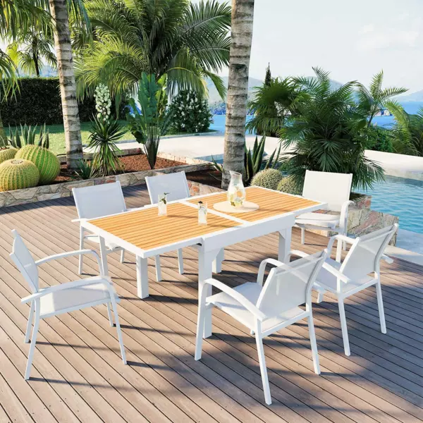 Mesa de jardn extensible 8 personas Aluminio efecto madera Murano (180 x 90 cm)- Blanca