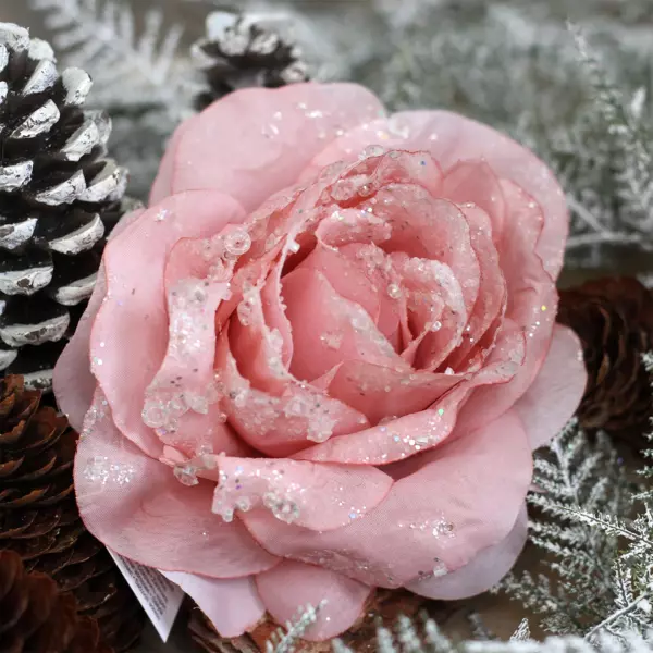 Fleur décorative sur pince pailletée (D14 cm) Rose poudré