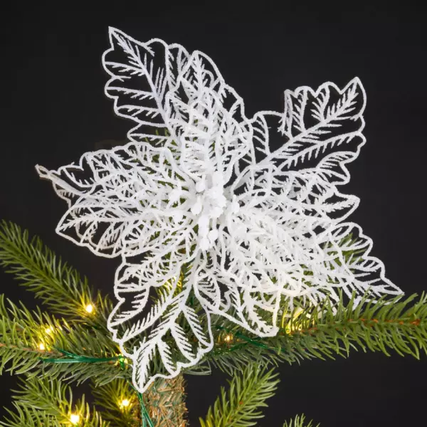 Poinsettia de Nol paillettes sur clip (D23 cm) Blanc