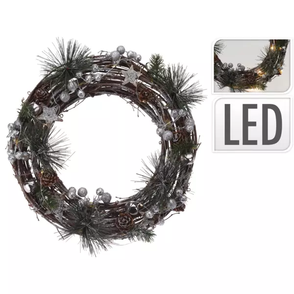 Couronne De Noël Lumineuse 60cm Avec LED - 35 Lumières Blanc Chaud, Minuterie, Pommes De Pin, à Piles - 4