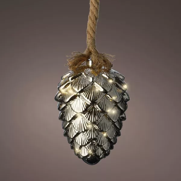 Pomme de pin lumineuse à piles 15 LED (H21 cm) Argent et Blanc chaud