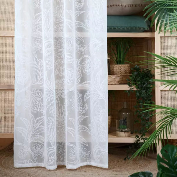 Voilage Simple Fenêtre 140 X 182 Cm – Motif Fleurs Et Oiseaux Sur Fond Argenté – 100% Polyester, Fente Pour Tringle