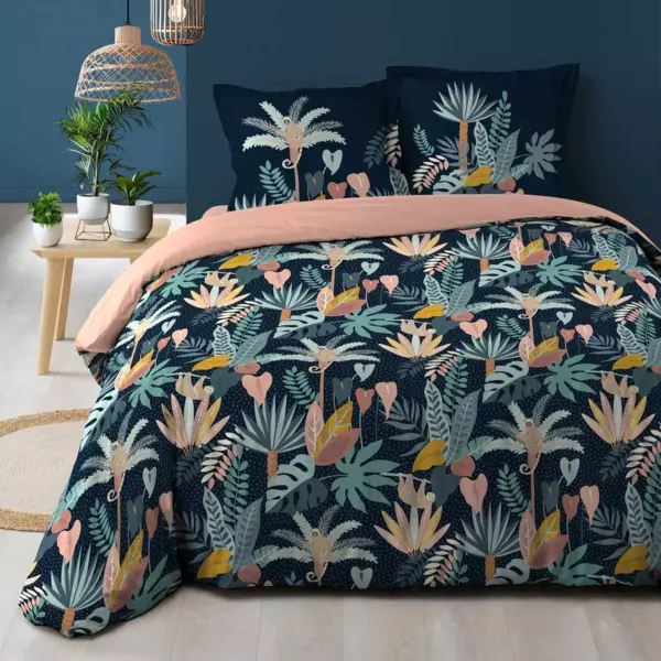 Housse de couette et deux taies coton (240 cm) Guinea Bleue