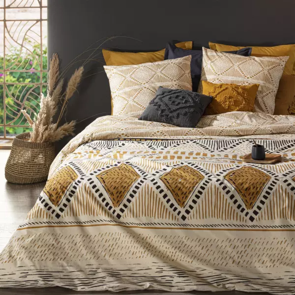 Bomuldsdynebetræk og to pudebetræk (240 x 220 cm) Ray kilim Okkergul