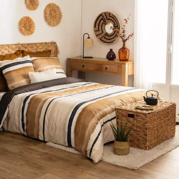 Housse de couette et deux taies percale de coton (240 x 220 cm) Hana Jaune ocre