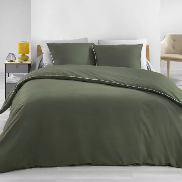 Funda nórdica y dos fundas para almohadones percal de algodón (240 cm) Loumea Verde kaki