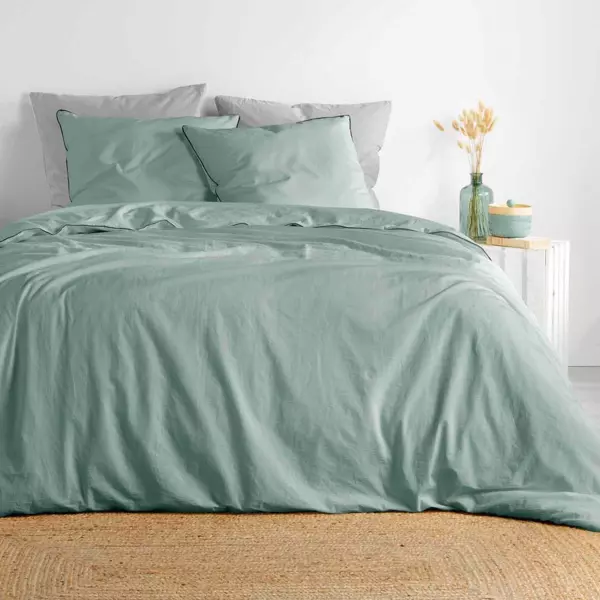 Housse de couette et deux taies coton lavé (260 x 240 cm) Linette Vert sauge