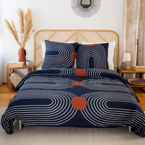 Funda nórdica y dos fundas para almohada en algodón (260 cm) Cuts Azul Obscuro