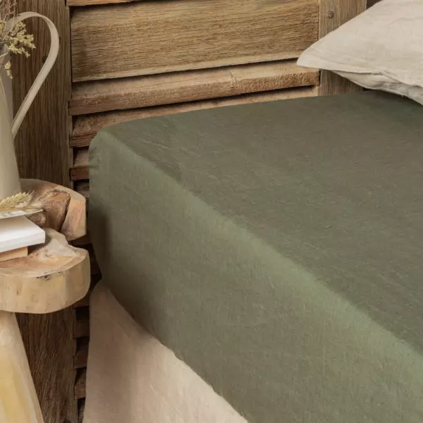 Drap housse lin lavé (180 x 200 cm) Louise Vert romarin