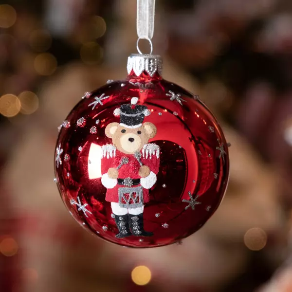 Lot de 6 boules de Noël (D80 mm) en verre Ourson Casse Noisette Rouge