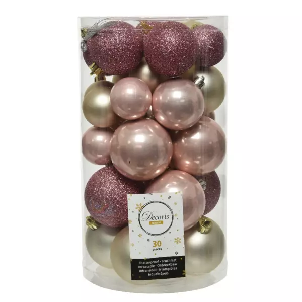 Lot de 30 boules de Noël Alpine mix couleurs  Vieux rose /  Rose poudré