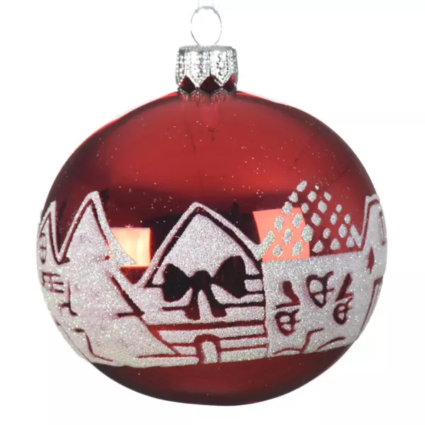 Lot de 6 boules de Noël en verre (D80 mm) Maison enneigée Rouge