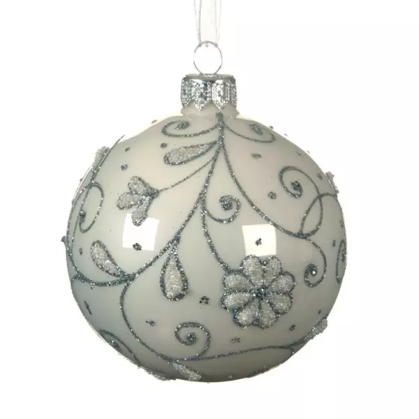 Set van 6 glazen kerstballen (D80 mm) Bloemetjes Wit 