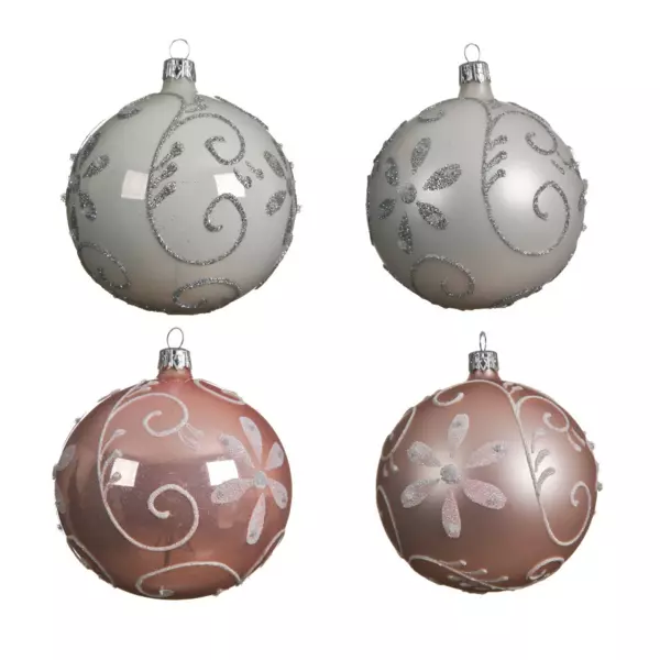 Lote de 4 bolas de Navidad en vidrio (D100 mm) Floris Blanco/ Rosa