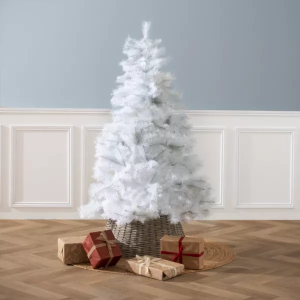 Albero Di Natale Artificiale Ficus – 125 Cm, 654 Foglie Verdi E Bianche, Tronco In Legno Naturale E Base In Cemento - 4