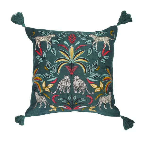 Housse de coussin coton pompons (40 x 40 cm) Malaga Bleu canard