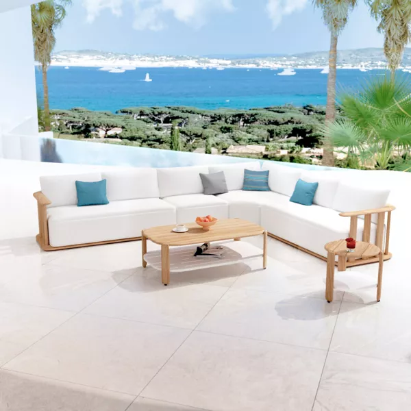 Salón de jardín en ángulo en madera teck 6 lugares Java - Crudo