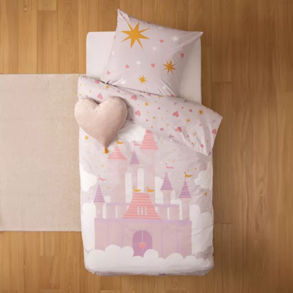 Housse de couette et une taie enfant coton (140 x 200 cm) Château Rose