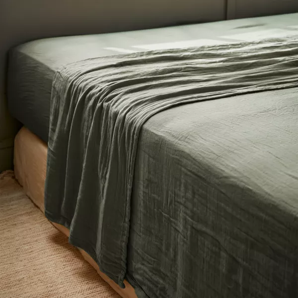 Drap plat gaze de coton (270 x 300 cm) Gaïa Vert romarin