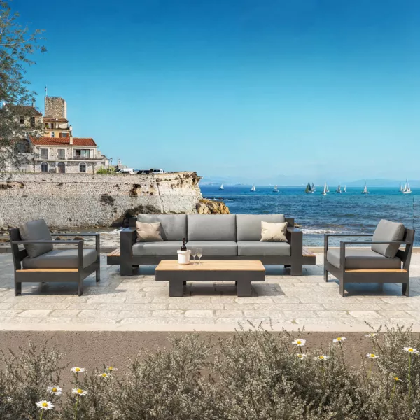 Salon de jardin aluminium et bois teck 5 places Antibes Gris anthracite