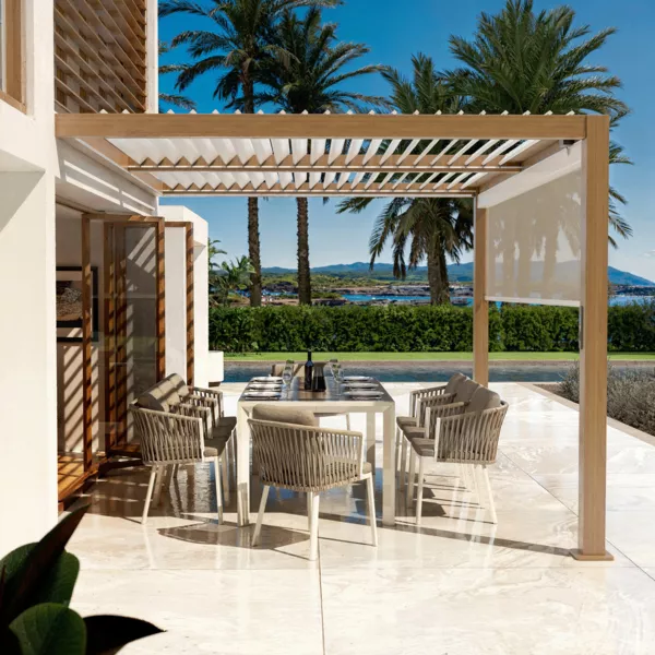 Pérgola bioclimática adosada motorizada de aluminio (3 x 4 m) LED - Madera