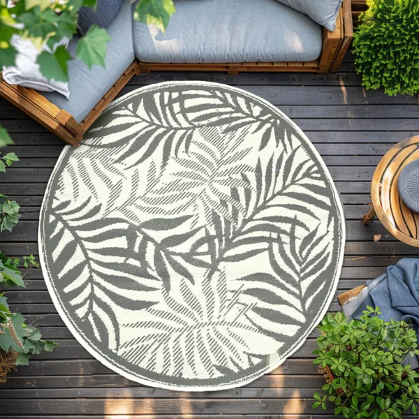 Tapis d'extérieur rond (D150 cm) Feuillage Gris