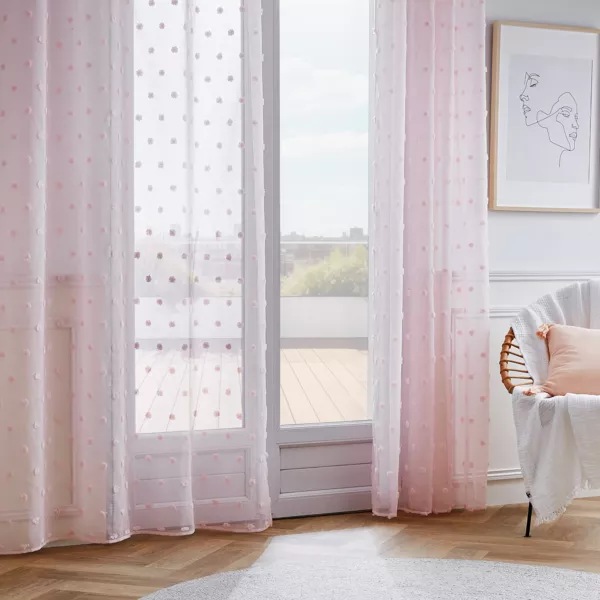 Vitrage met ringen en pompons (140 x 240 cm) Emie Roze
