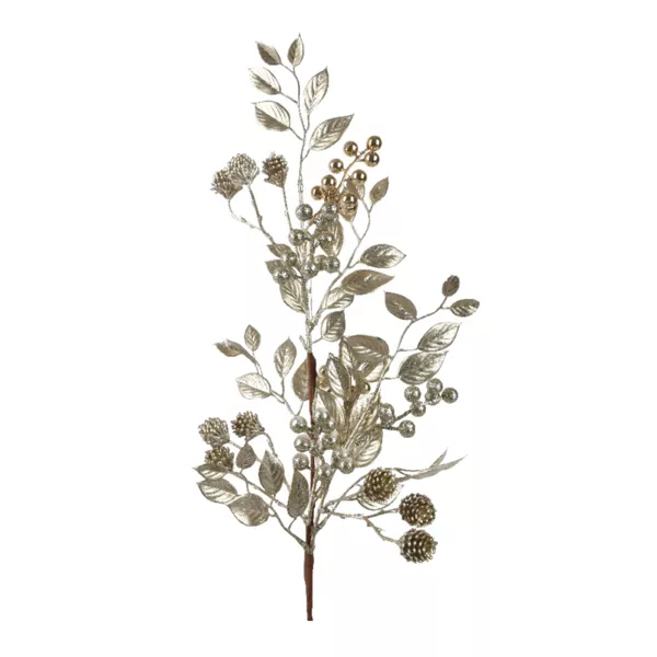 Decoratieve tak (H68 cm) Gemetalliseerde bladeren en bessen Parel