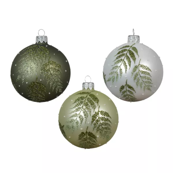 Lote de 6 bolas de Navidad de vidrio (D80 mm) Helechos Verde y blanco