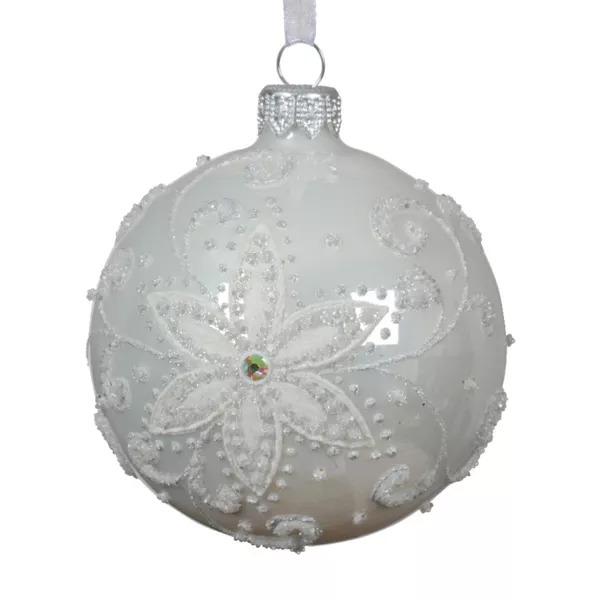 Lote de 6 bolas de Navidad de vidrio (D80 mm) Flor de porcelana Blanco
