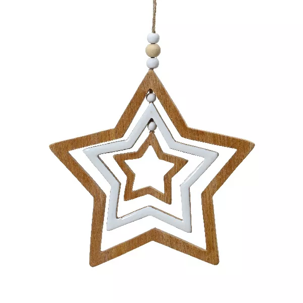 Estrella de Navidad para colgar (H13 cm) Madera y perlas Naturaleza
