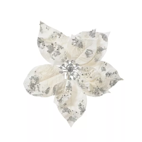 Poinsettia de Noël sur clip (D25 cm) Velours scintillant Blanc