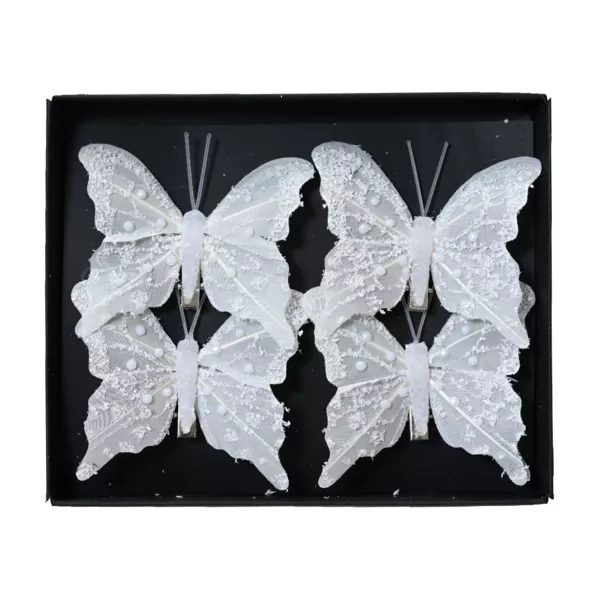 Lot de 4 Papillons sur pince (H8 cm) �clats et perles Blanc d'hiver