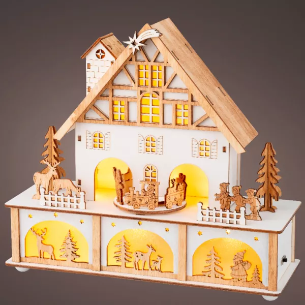 Beleuchtetes Weihnachtsdorf mit Musik aus Holz batteriebetrieben (27 x H24 cm) Chalet Suisse Weiß