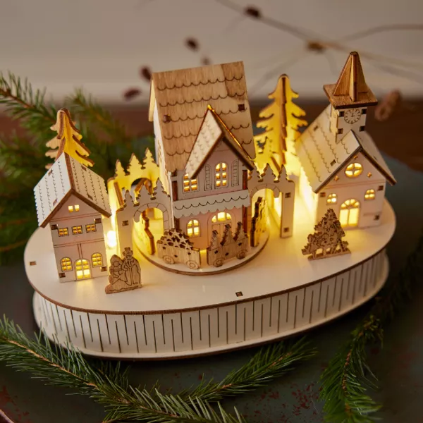 Village de Noël en bois lumineux et musical à piles (22 x H15 cm) Ville de lumière