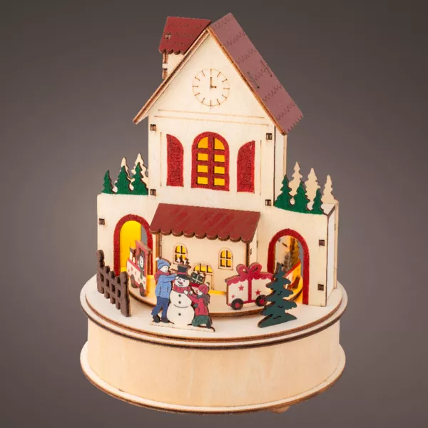 Village de Noël en bois lumineux et musical à piles (H20 cm) Maison joyeuse Colorée