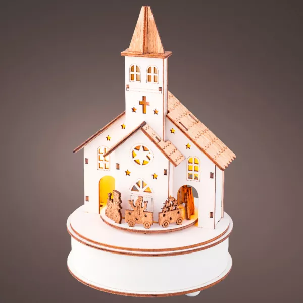Lichtgevend en muzikaal houten kerstdorp op batterijen (H24 cm) Kerk en trein