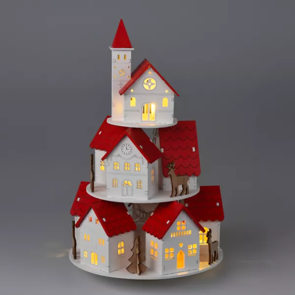Village de Noël en bois lumineux à piles (H30 cm) Maisons toits rouges