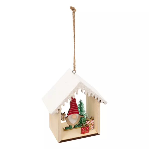 Kersthanger van hout (H11 cm) Glitterend kabouterhuisje