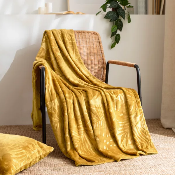 Plaid doux flanelle (125 x 150 cm) Flore Jaune moutarde
