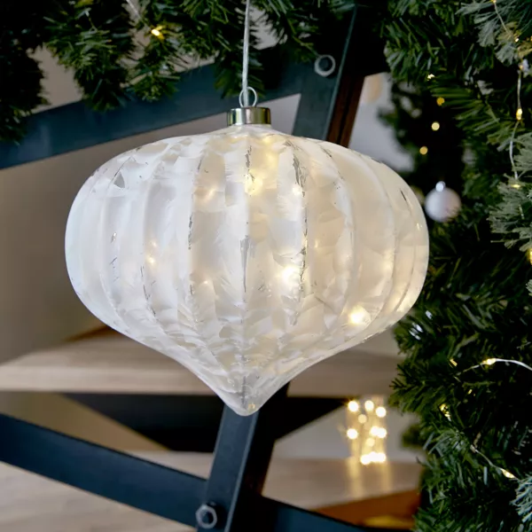 Suspension lumineuse en verre à piles 15 LED (D20 cm) Sphère Glacée Blanc chaud