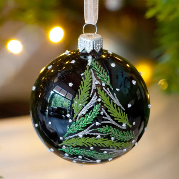 6er Set Glasweihnachtskugeln (D80 mm) Tannenzweige Schwarz