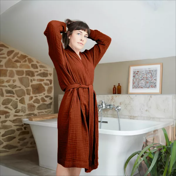 Badjas van katoenen gaas S/M Gaïa Terracotta