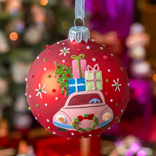 Lot de 6 boules de Noël en verre (D80 mm) Voiture festive Rouge