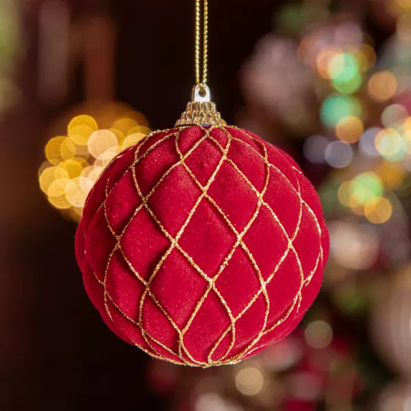 Lote de 12 bolas de Navidad (D80 mm) Buckingham Rojo y oro